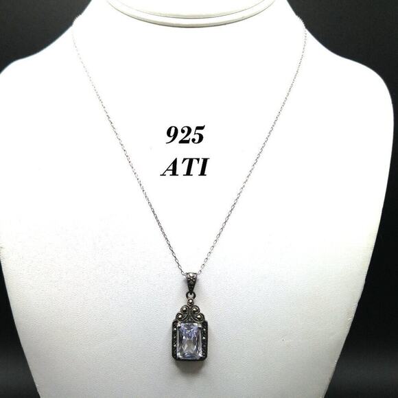 Vintage Sterling Marcasite Clear Crystal Pendant Necklace, Stamped 925 ATI, 17" - Picture 1 of 9